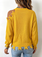 Distressed Frayed One‑side Cold‑shoulder Knit Sweater