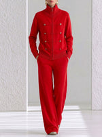 Women's Solid Color Stand Collar Long Sleeve Casual Loose Knit Top And High Waist Wide Leg Pants Knit Set
