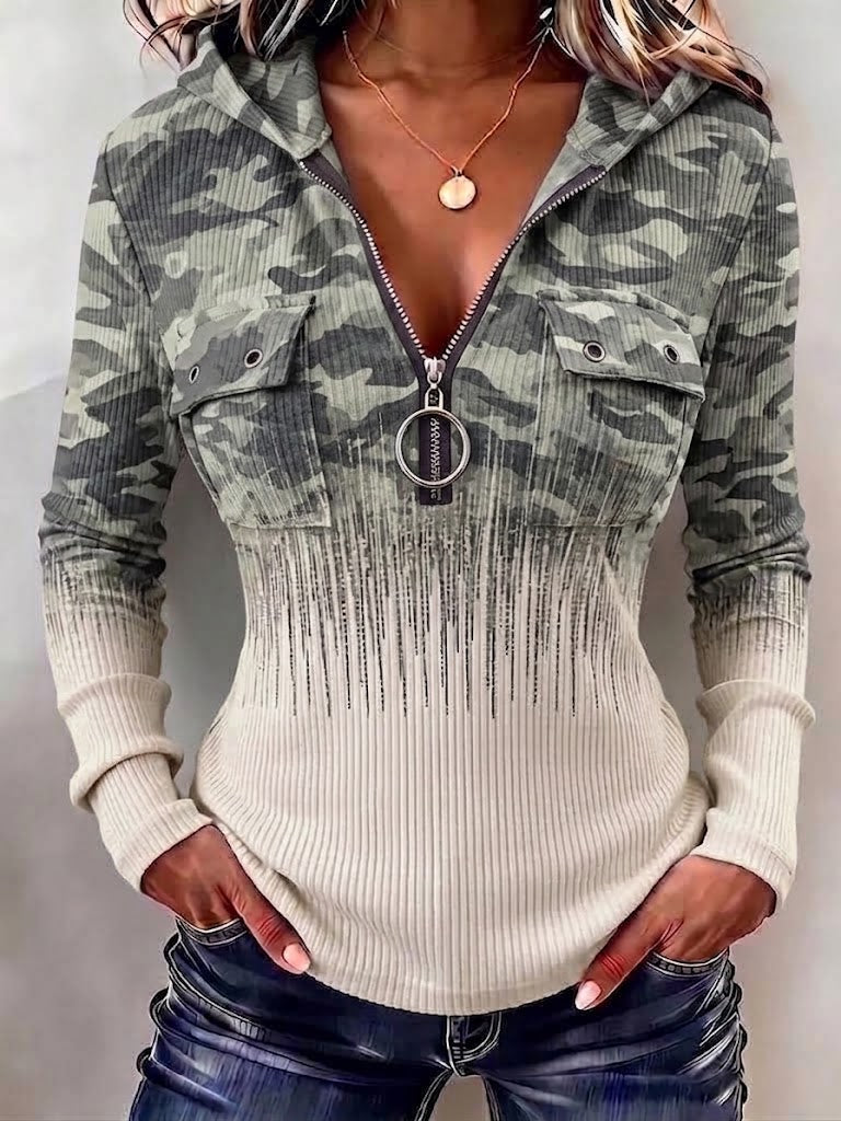Stylish Camouflage Gradient Ribbed Hoodie