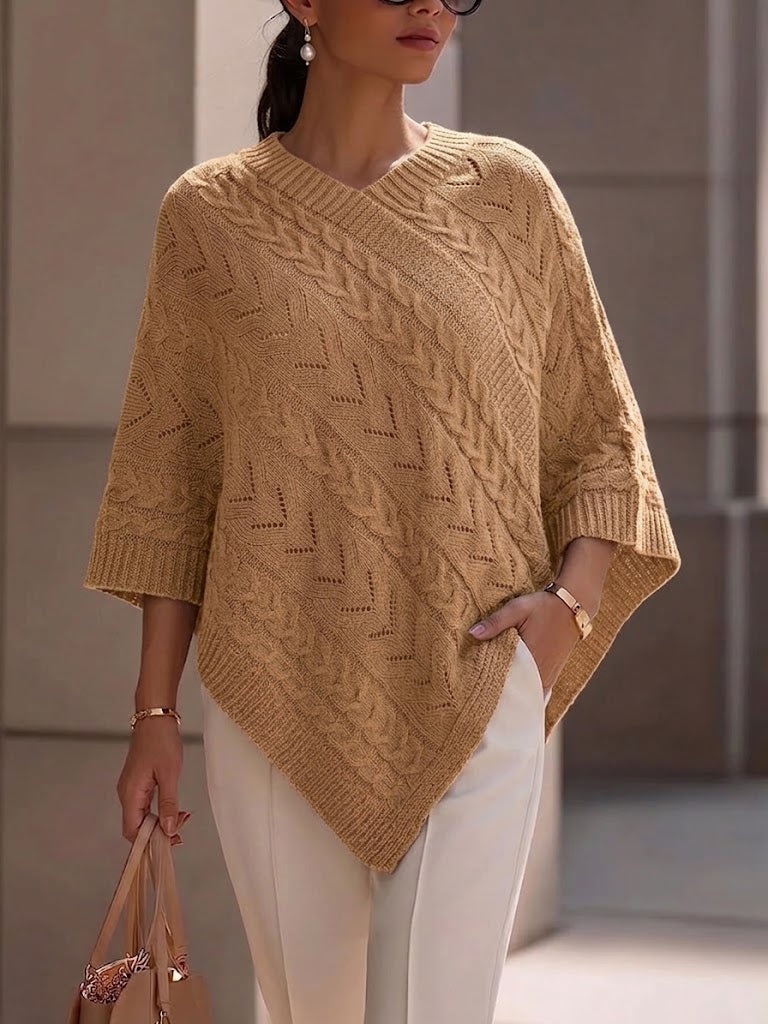 Cable Open‑work V‑neck Cape‑style Knit Top