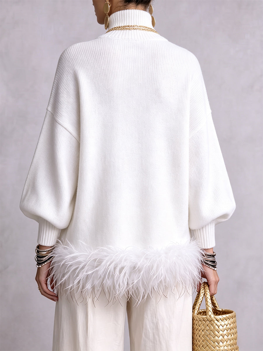 Elegant Feather-Trimmed Turtleneck Knit Sweater