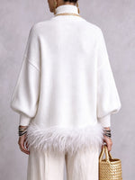 Elegant Feather-Trimmed Turtleneck Knit Sweater