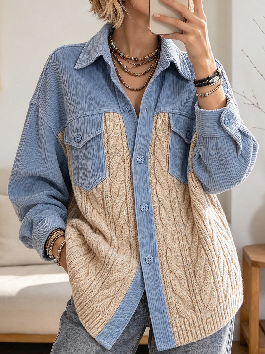 Oversized Shirt-style Jacket Featuring A Combination Of Casual Corduroy And Chunky-knit Panels