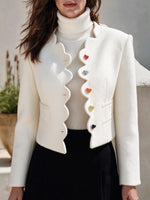 Women's Cropped White Jacket With Scalloped Trim And Heart Buttons