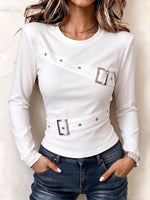 Women's White Long Sleeve Asymmetrical Buckle Strap Top