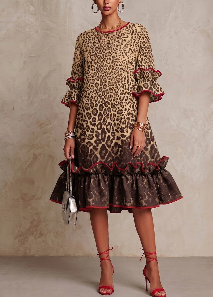 Stylish Ombré Leopard Print Linen-cotton Ruffle Dress