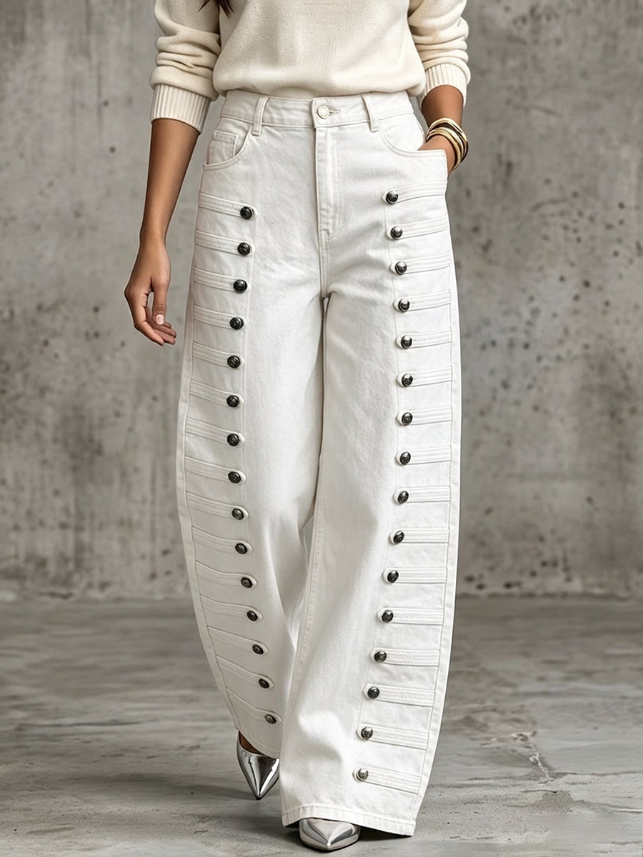 Casual Military-style Jeans With Metal Buttons