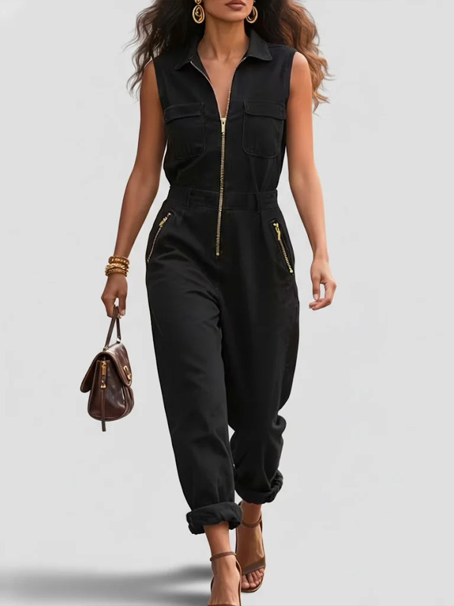 Fashionable And Casual Zippered Sleeveless Cotton Jumpsuit