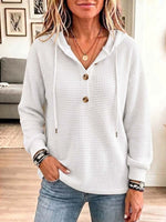 Women's Solid Color V-neck Long-sleeve Casual Loose Waffle Knit Hooded Top