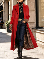 Stylish And Elegant Long Red Wool-blend Coat With Leopard-print Lining