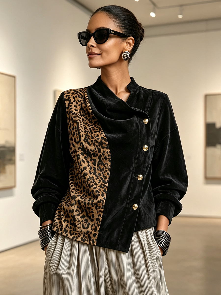 Chic Asymmetrical Leopard-print Panel Velvet Blouse