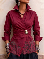 Chic Burgundy Poplin & Lace Wrap-Front Shirt