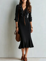 Cozy Ruffled V-neck Cotton Knit Fishtail Midi Skirt
