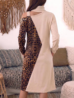 Women's High-neck Off-shoulder Long-sleeved Casual Loose-fitting Warm Printed Patchwork Sweatshirt Dress