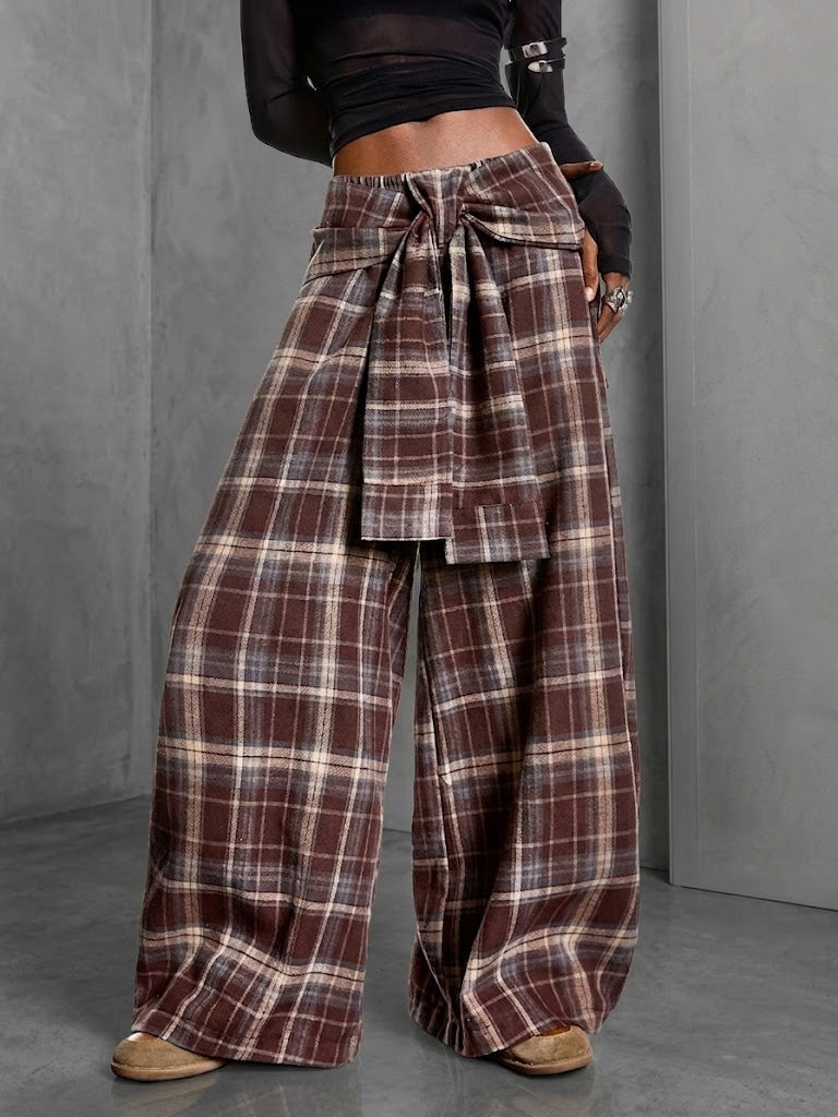 Plaid Tie‑waist Knot Relaxed Wide‑leg Trousers