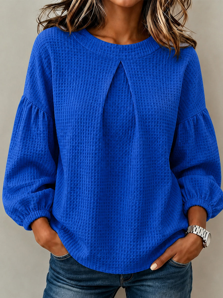 Waffle Textured Pleated Neck Bubble Sleeve Blouse