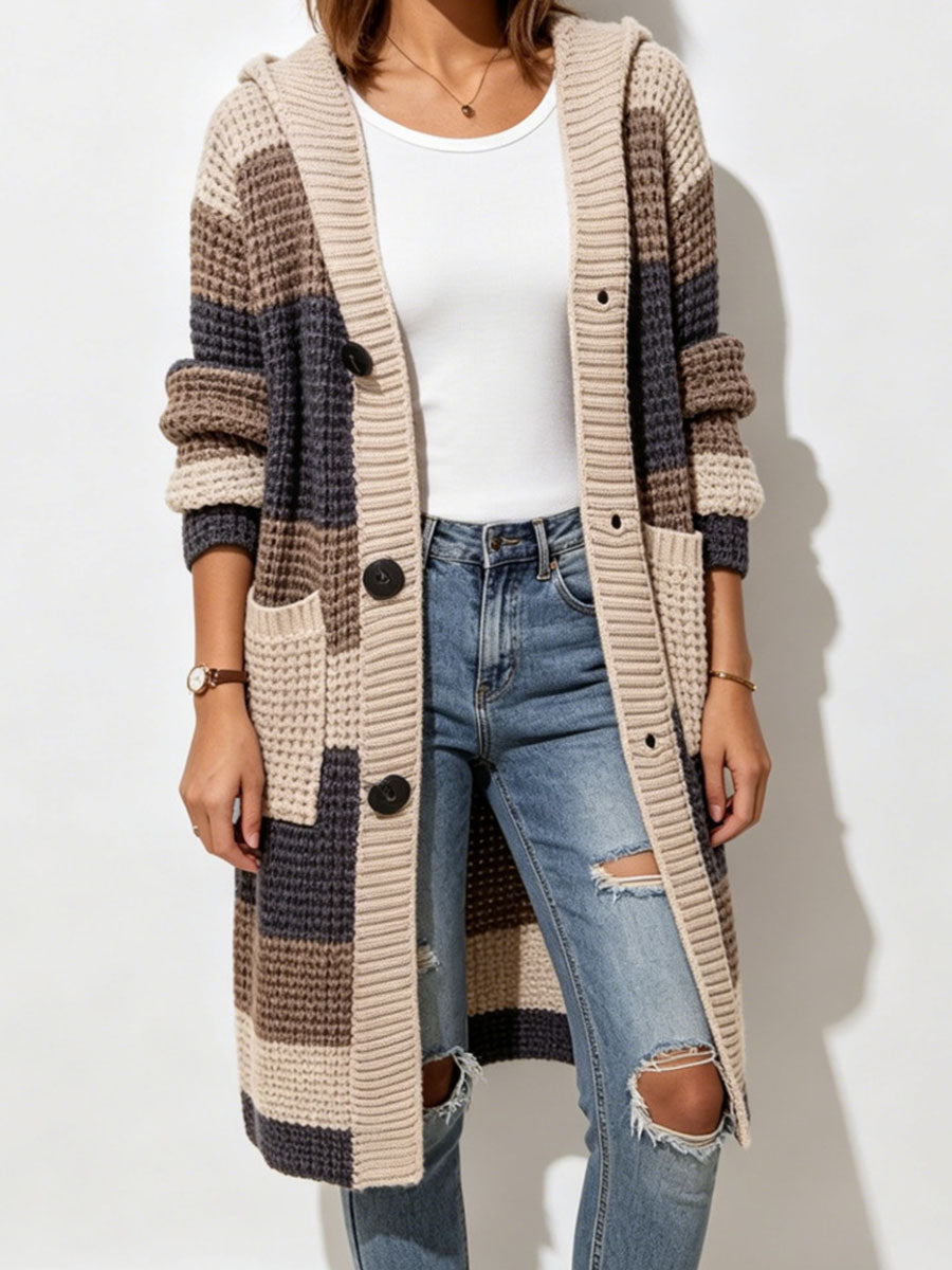 Women's Geometric Print Lapel Long-sleeved Casual Loose Hooded Knit Cardigan