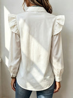 Chic Fall Western Vibe Ruffle Trim Corduroy Patchwork Blouse