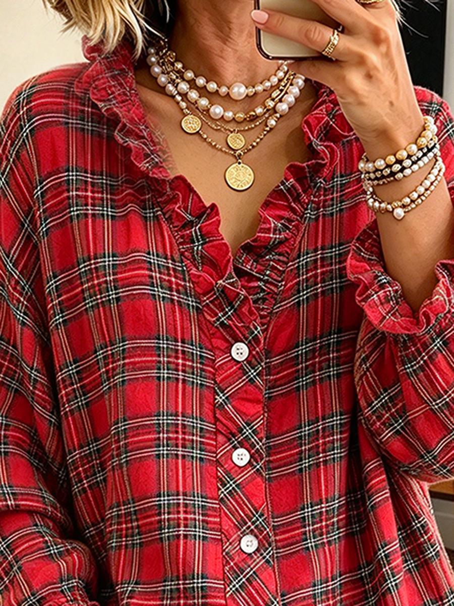 Casual Ruffled V-neckline Plaid Lace-trim Cozy Blouse