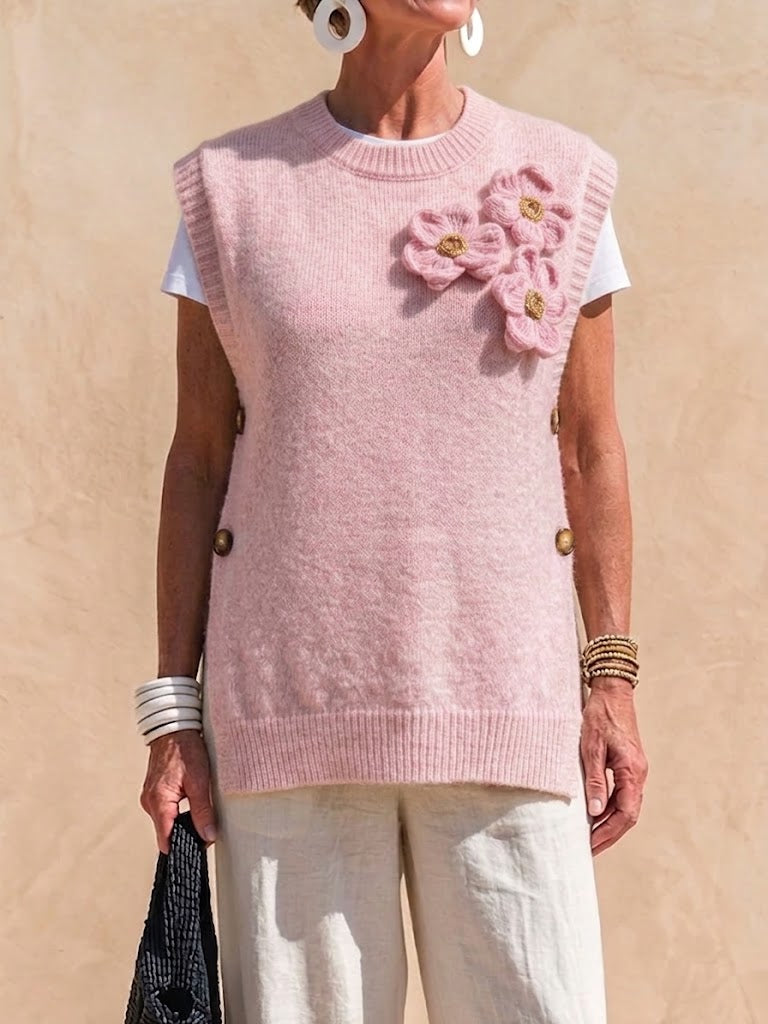 3d Crochet Floral Side‑button Knit Vest