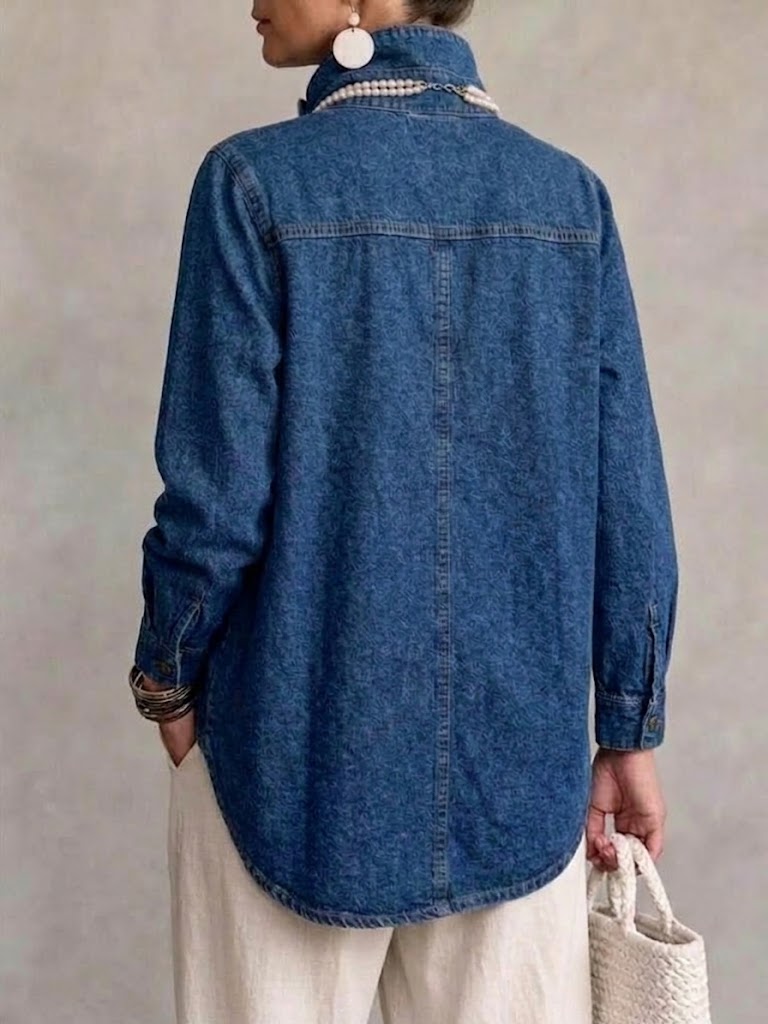 Asymmetrical Denim Top With A Stand Collar And Diagonal Placket