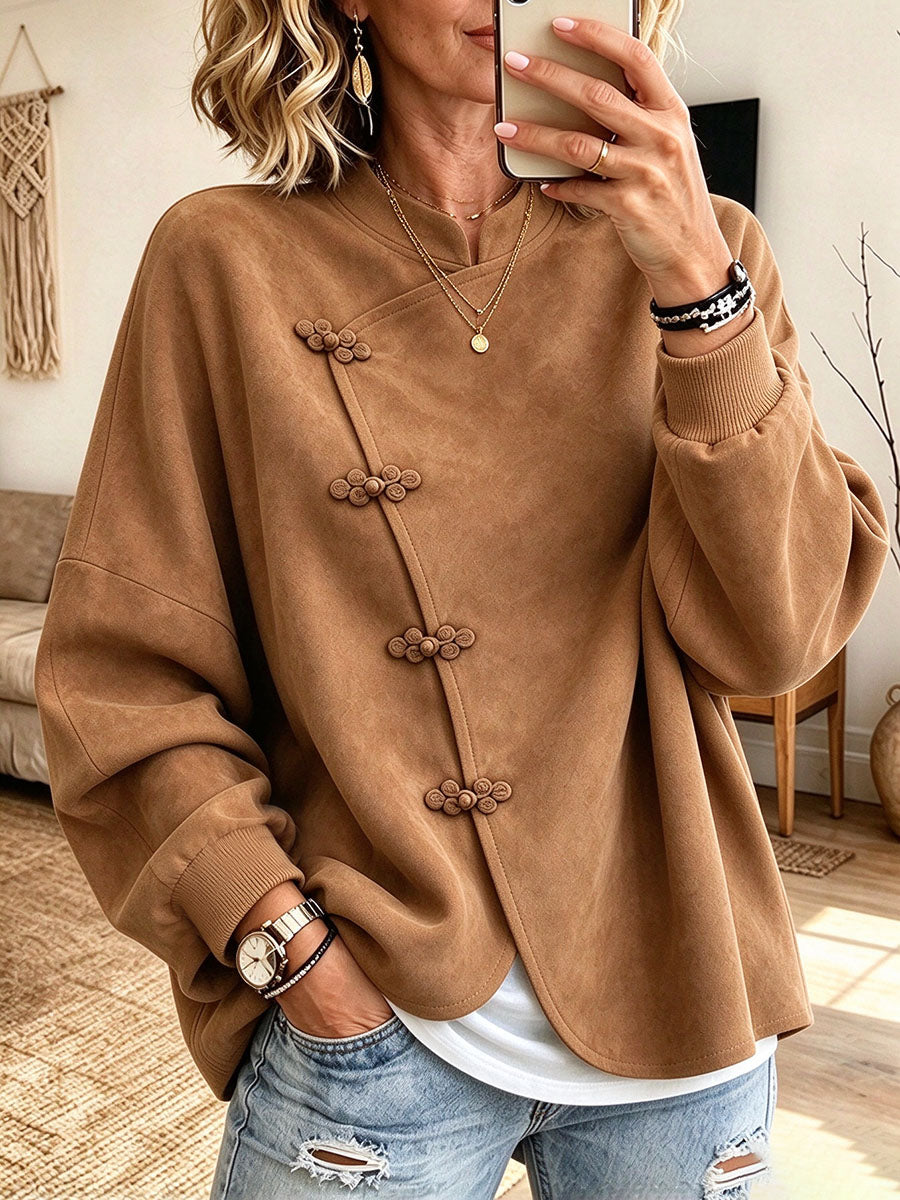 Chic Faux-suede Knot-button Oversized Jacket