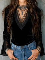 Elegant Black Velvet V-neck Top With Floral Lace Trim