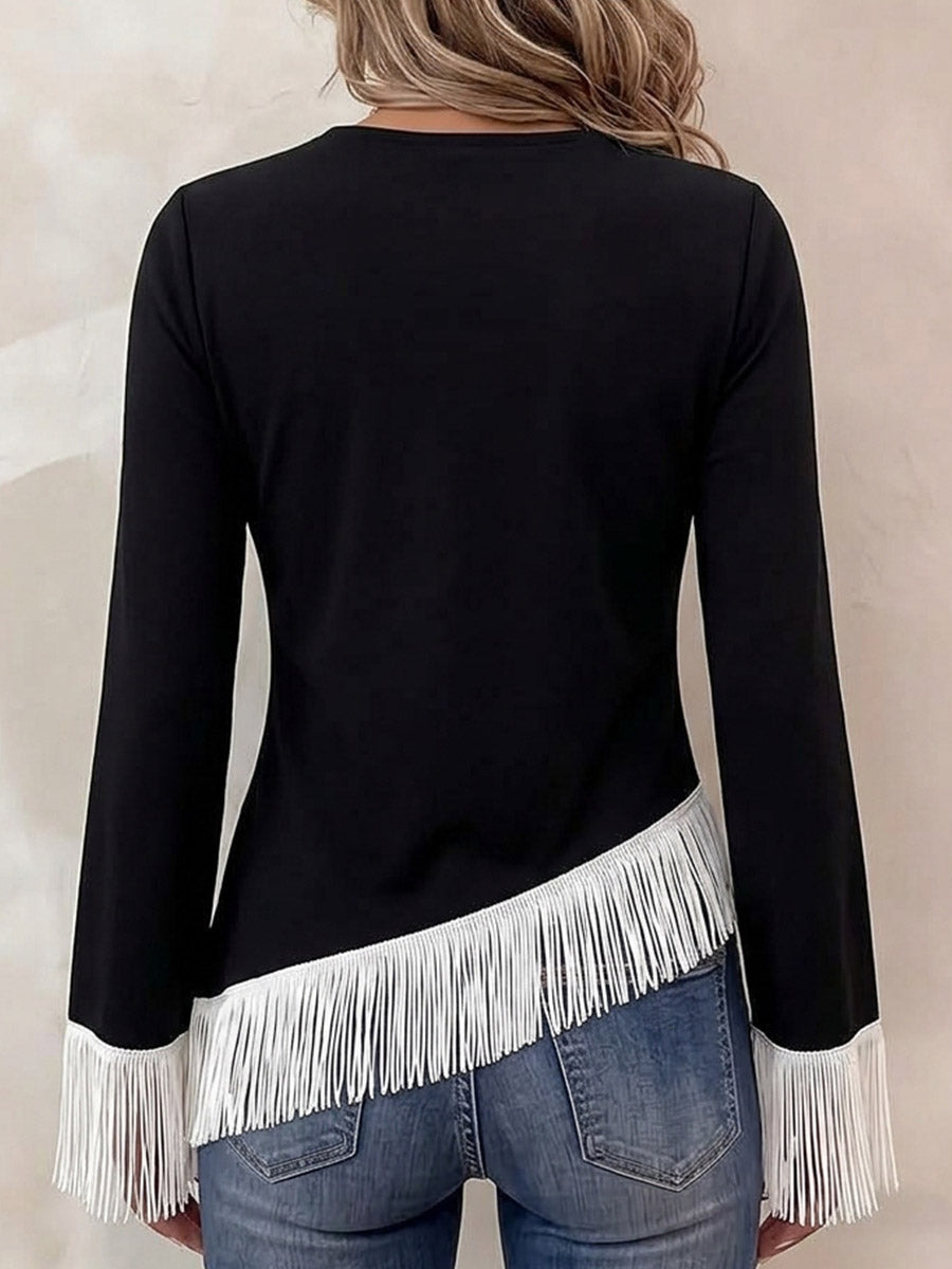 Women's Crew Neck Long-sleeve Loose-fit Color-block Tassel Top