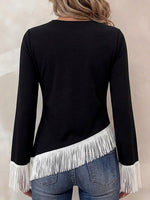 Women's Crew Neck Long-sleeve Loose-fit Color-block Tassel Top