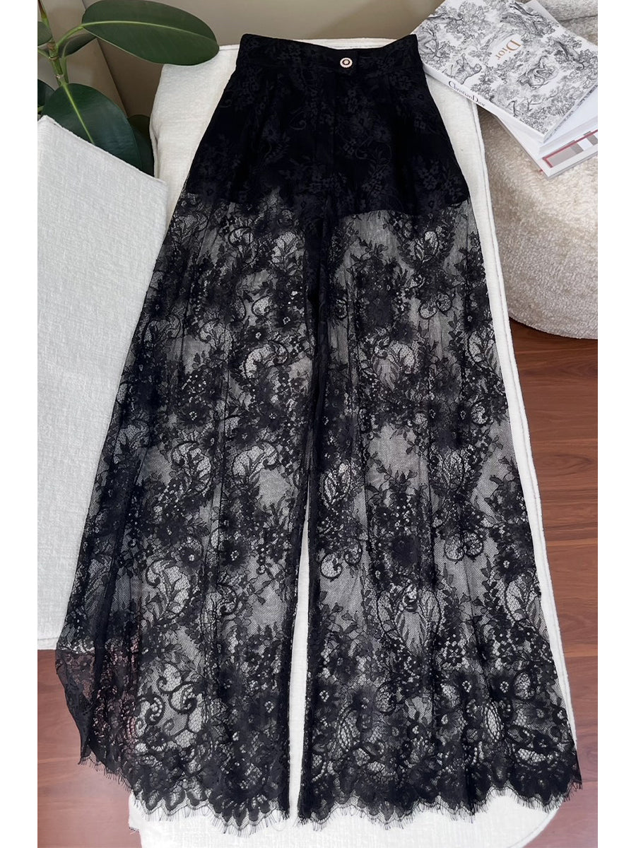 Elegant And Romantic Black Lace High-waisted Wide-leg Layered Trousers