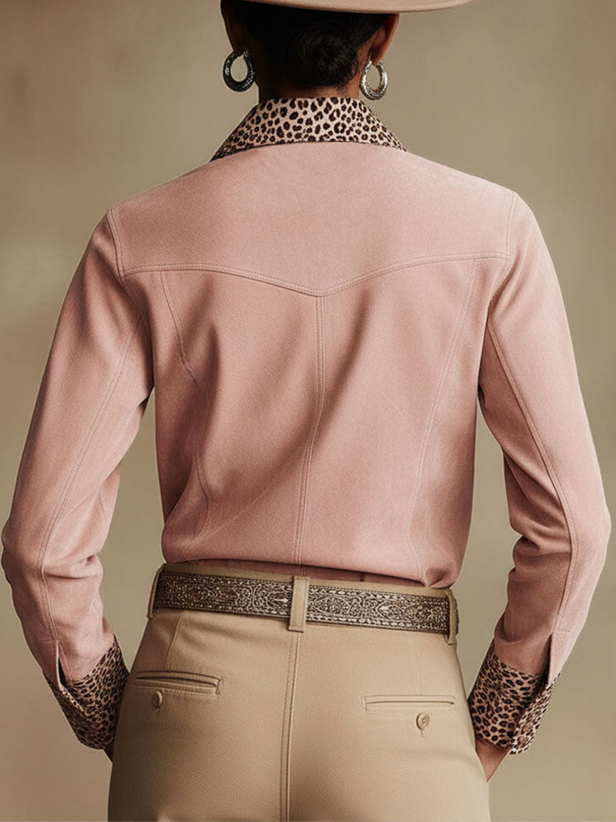 Chic Leopard-print Paneled Faux-suede Shirt