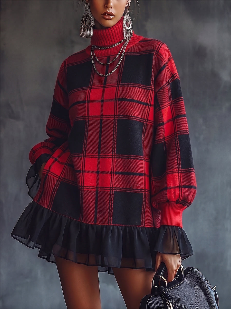 Classic Red Tartan Plaid Turtleneck Ruffle Sweater Dress