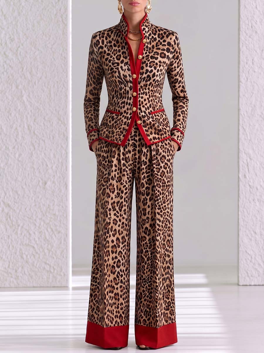 Women's Leopard Print Stand Collar Long Sleeve Casual Loose Color-blocked Jacket