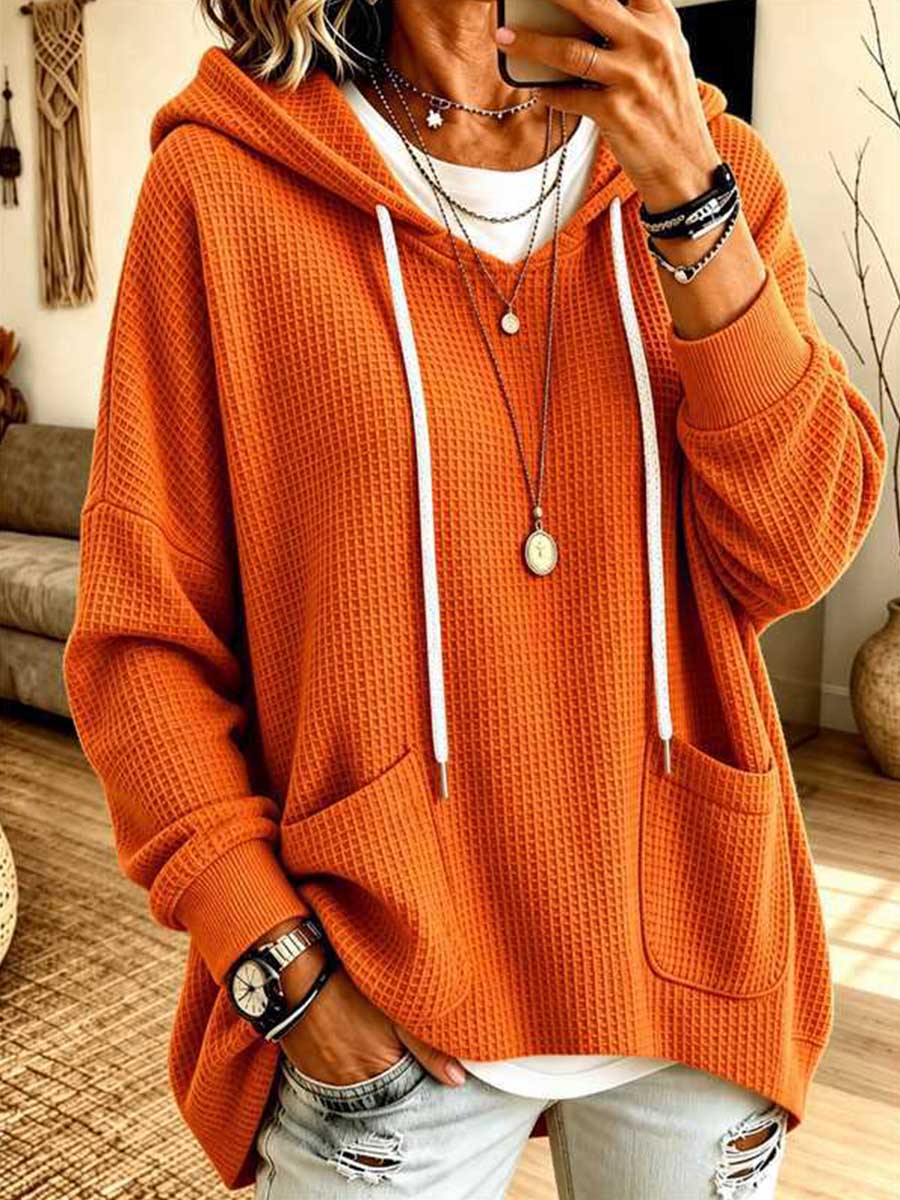 Women's Solid Color V-neck Long-sleeve Casual Loose Waffle Knit Hooded Top