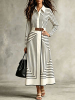 Chic Geometric-striped Button-down Midi Shirt Dress With A Tie-waist