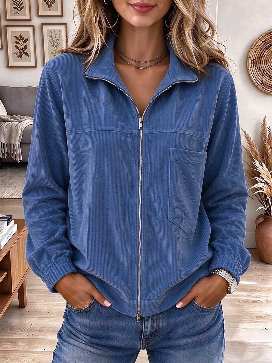 Women's Casual Blue Corduroy Zip-up Jacket With Chest Pocket