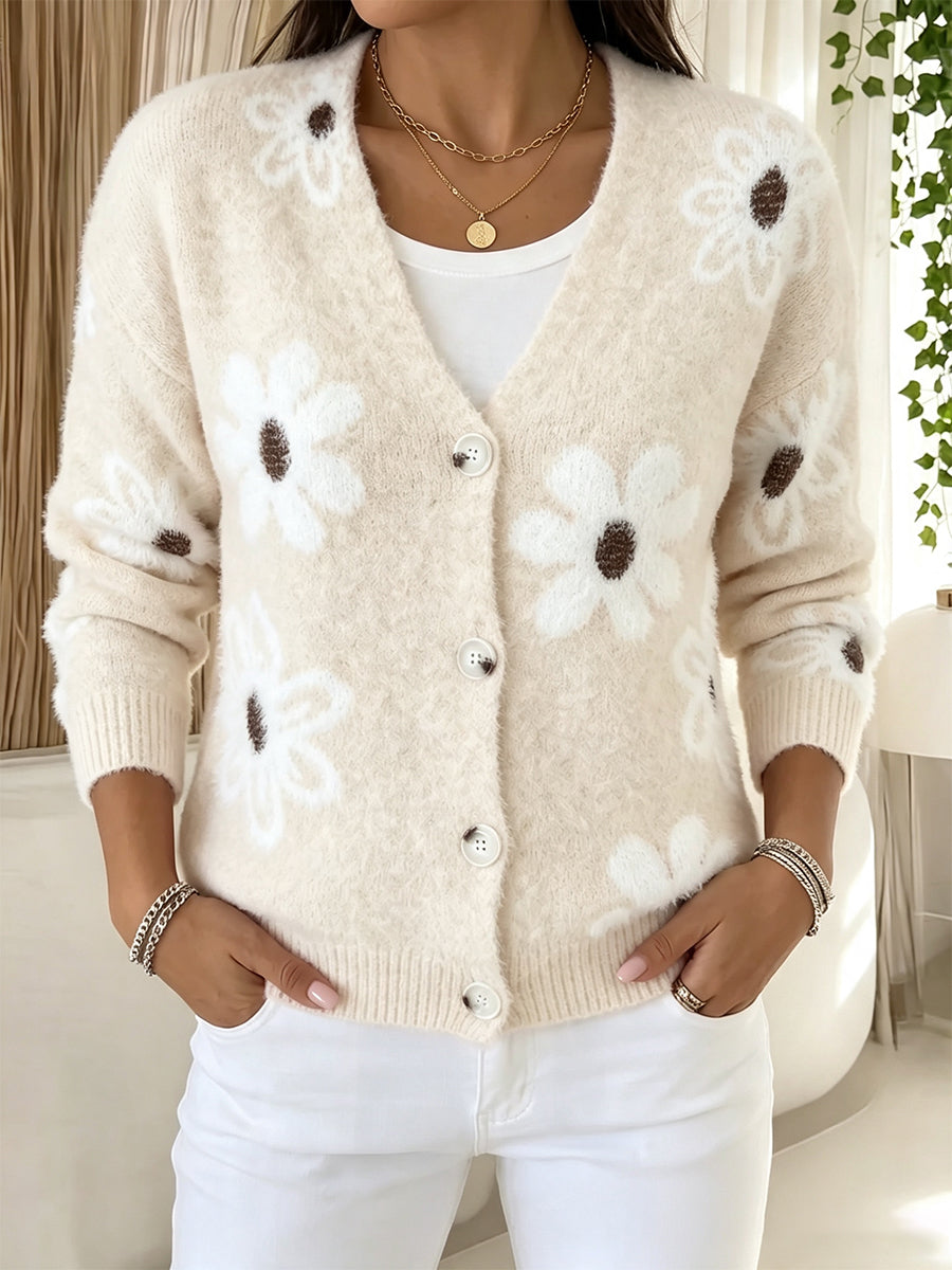 Sweet Floral Fuzzy V-Neck Cardigan