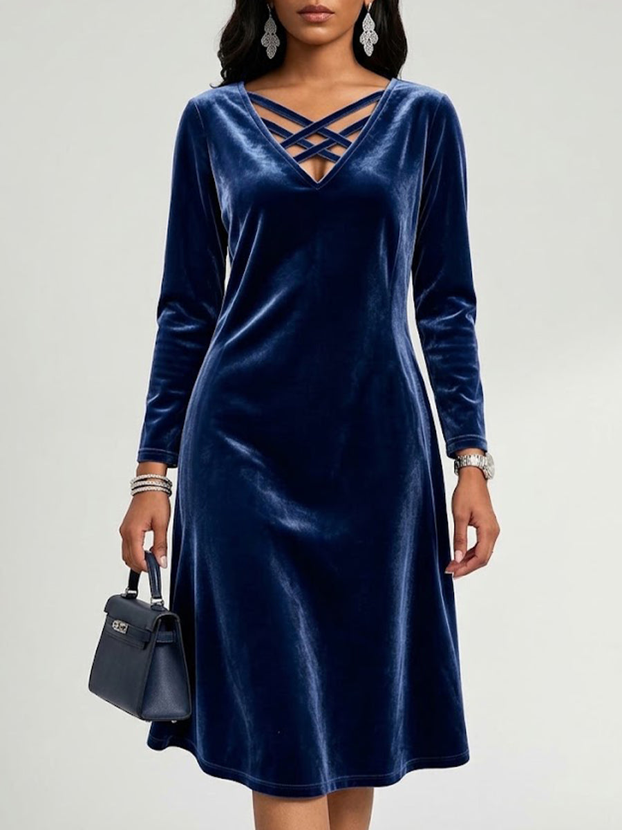 V-neck Crisscross Strap Velvet Long Sleeve Dress