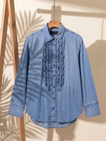 Washed Denim‑look Front Multi‑ruffle Long‑sleeve Blouse