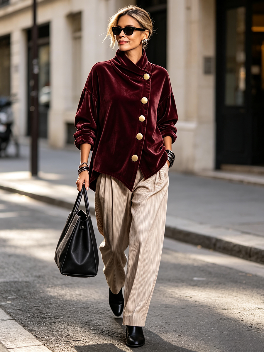 Elegant Asymmetrical Velvet Blouse With Gold Buttons