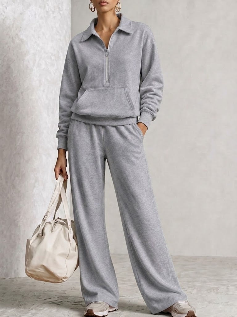 Half‑zip Collared Sweatshirt & Wide‑leg Sweatpants Set