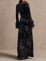 Vintage Velvet Floral Print Lace Flare Sleeve Maxi Dress