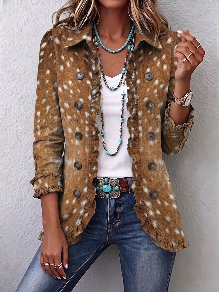 Rustic Fawn Print Ruffle-Trim Western Cotton Linen Jacket