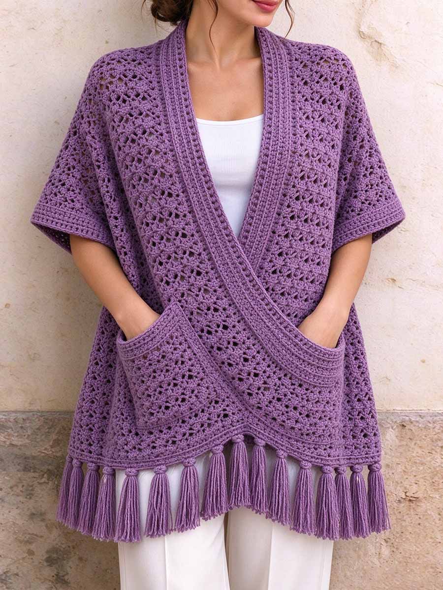 Women's Purple Crochet Tassel Hem Kimono Cardigan