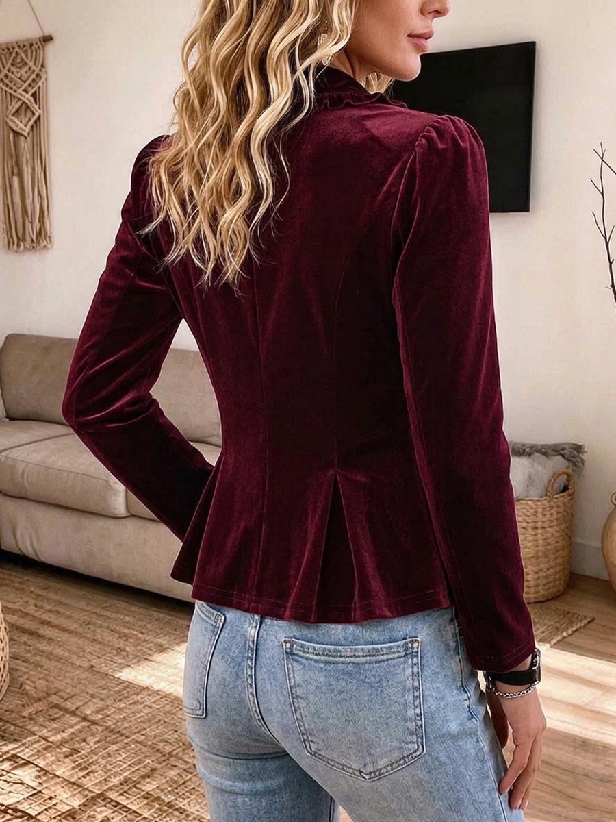 Women's Elegant Burgundy Velvet Peplum Blazer With Ruffle Collar