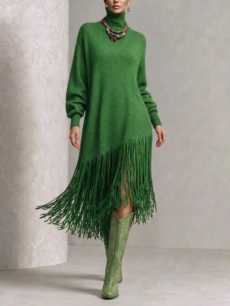 Turtleneck Diagonal Fringe Oversized Knit Midi Dress