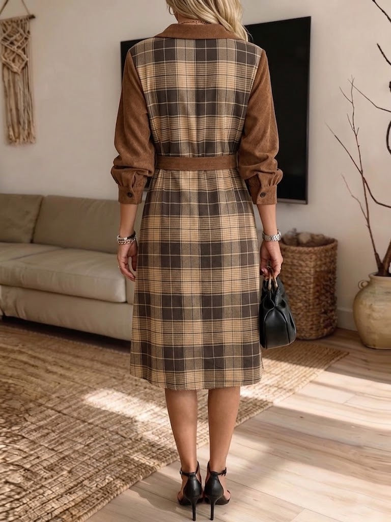 Vintage-style Collared Plaid Patchwork Dress