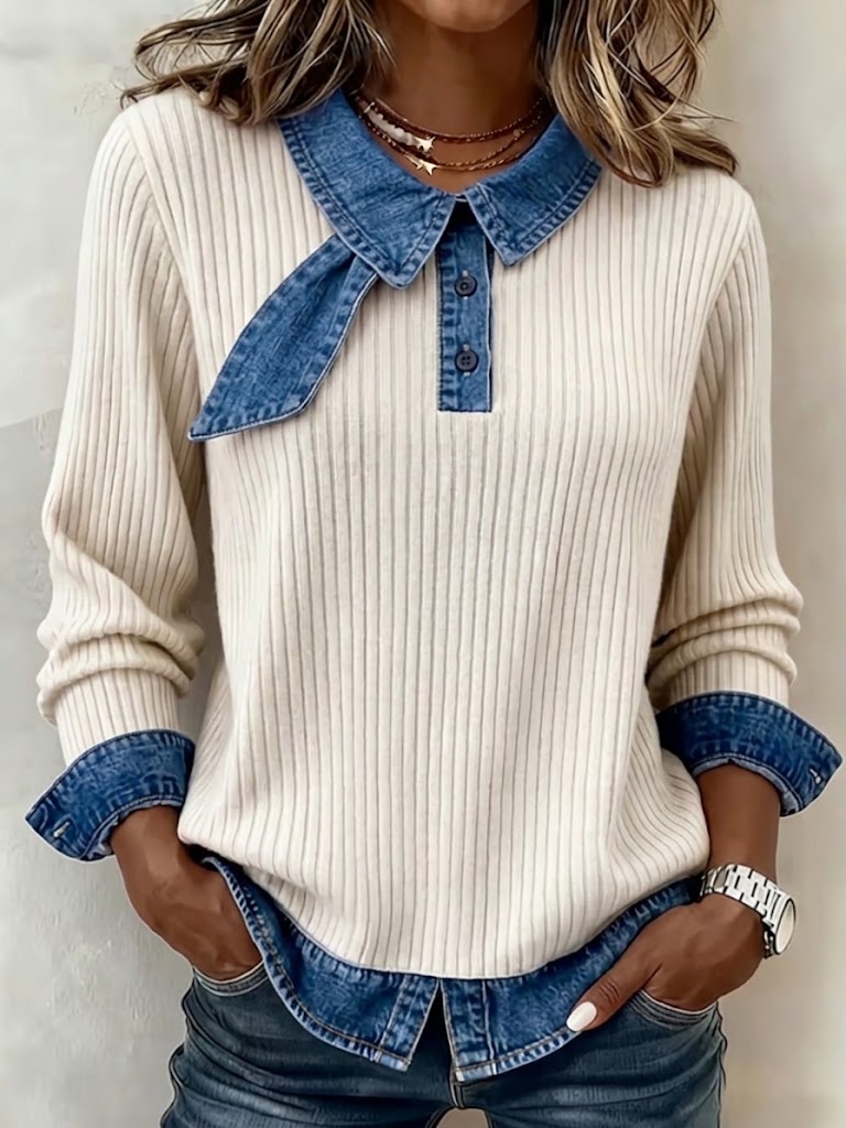 Long-sleeve, Vertically Ribbed Knit Top With A Denim Collar And Bow Detail