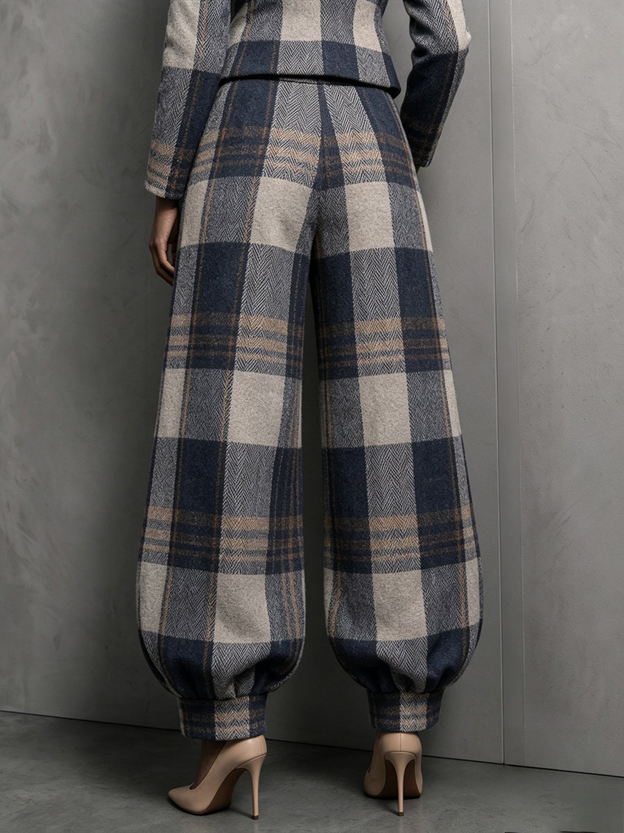 Sophisticated Plaid Cured-Hem Wide-Leg Trousers