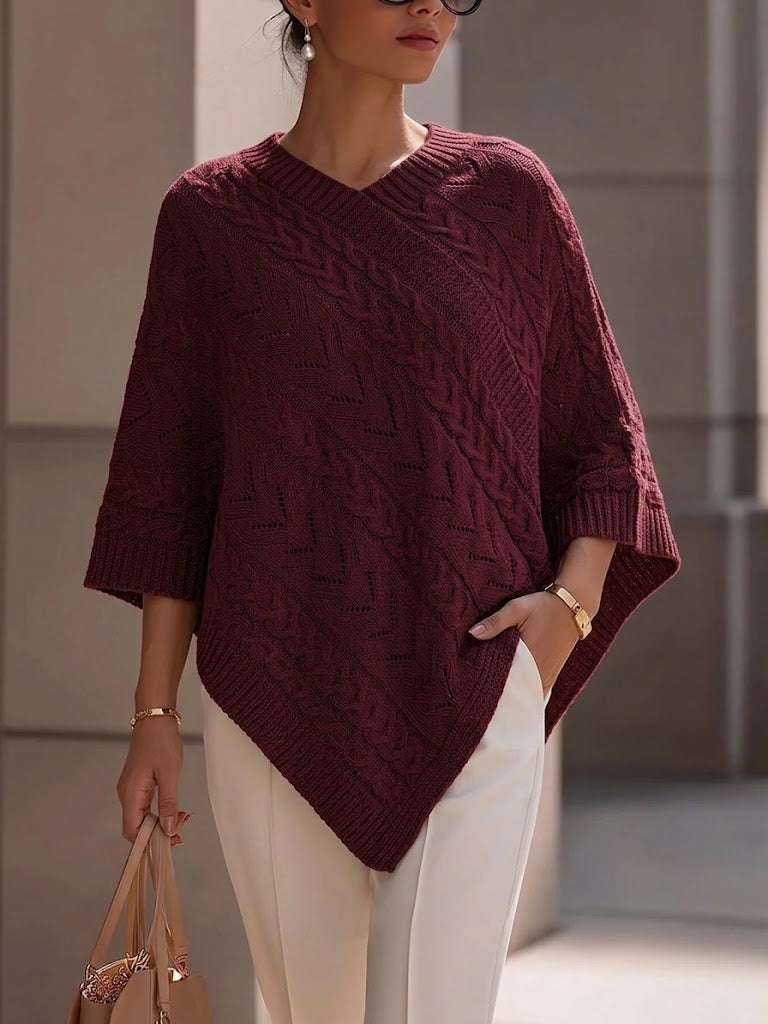 Cable Open‑work V‑neck Cape‑style Knit Top